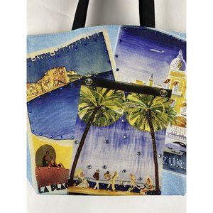 Lancome Riviera Collection Bedazzled Canvas Tote Beach Bag Purse 16 X 12.5